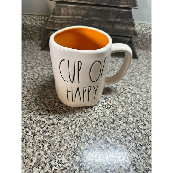 Rae Dunn CUP OF HAPPY Mug Coffee Cup White Orange Interior Ceramic - Picture 1 of 1